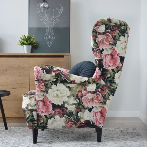 KOMFORTOWY FOTEL USZAK BLUM W KWIATY PIWONIE NA DREWNIANYCH NOGACH
