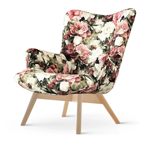 NOWOCZESNY FOTEL USZAK W KWIATY PIWONIE DO SALONU MIKA WOOD BUK - PÓŁPROFIl