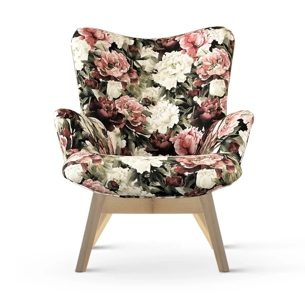NOWOCZESNY FOTEL USZAK W KWIATY PIWONIE DO SALONU MIKA WOOD BUK - PRZÓD