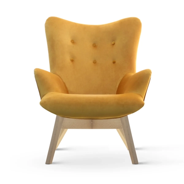 FOTEL USZAK SKANDYNAWSKI DO SALONU Z MIODOWEGO WELURU NA NODZE BUK - PRZÓD