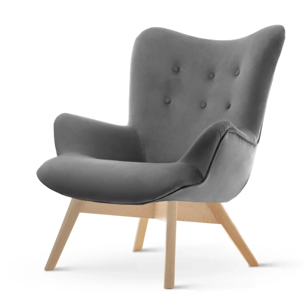 SKANDYNAWSKI FOTEL USZAK NA DREWNIANEJ NODZE DO SALONU MIKA WOOD SZARY WELUR - PÓŁPROFIL