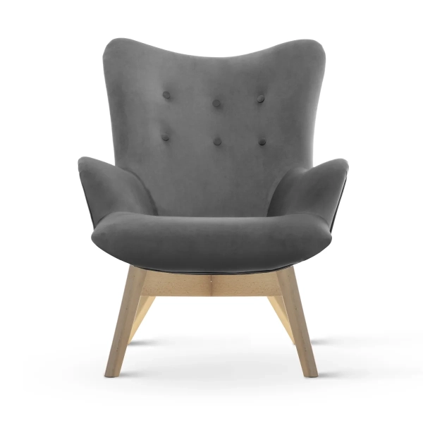 SKANDYNAWSKI FOTEL USZAK NA DREWNIANEJ NODZE DO SALONU MIKA WOOD SZARY WELUR - PRZÓD