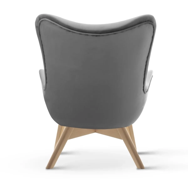 SKANDYNAWSKI FOTEL USZAK NA DREWNIANEJ NODZE DO SALONU MIKA WOOD SZARY WELUR - TYŁ