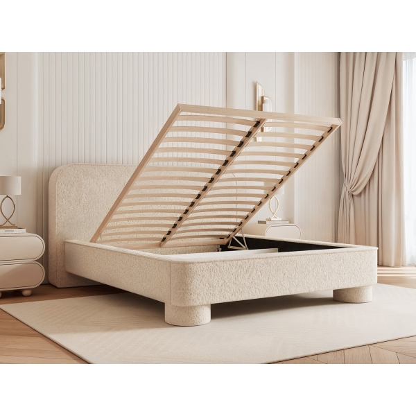 ŁÓŻKO TAPICEROWANE Z POJEMNIKIEM NA POŚCIEL I NÓŻKACH NAOMI - STELAŻ DREWNIANY