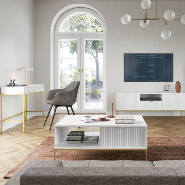 ELEGANCKA ŁAWA Z LAMELAMI i SZUFLADĄ LAMELO LA5 BIAŁY + ZŁOTY - W ARANŻACJI 1