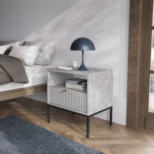 DESIGNERSKI STOLIK NOCNY Z SZUFLADĄ I LAMELAMI LAMELO LA6 SZARY + CZARNY - W ARANŻACJI