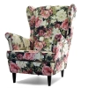 KOMFORTOWY FOTEL USZAK BLUM W KWIATY PIWONIE NA DREWNIANYCH NOGACH - PÓŁPROFIL