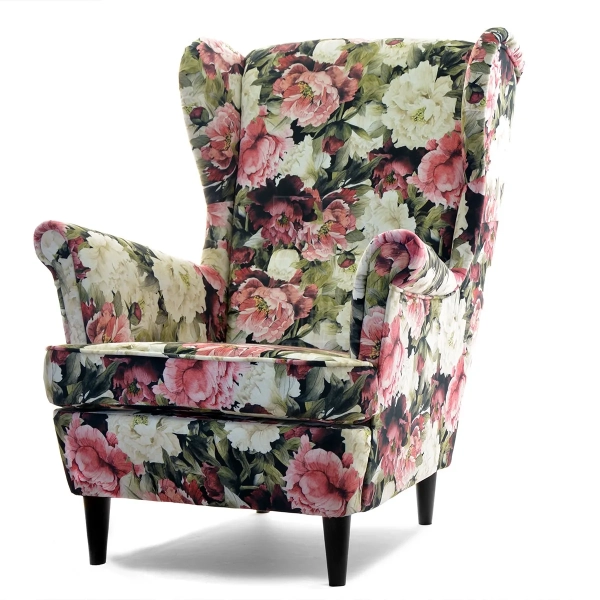 KOMFORTOWY FOTEL USZAK BLUM W KWIATY PIWONIE NA DREWNIANYCH NOGACH - PÓŁPROFIL