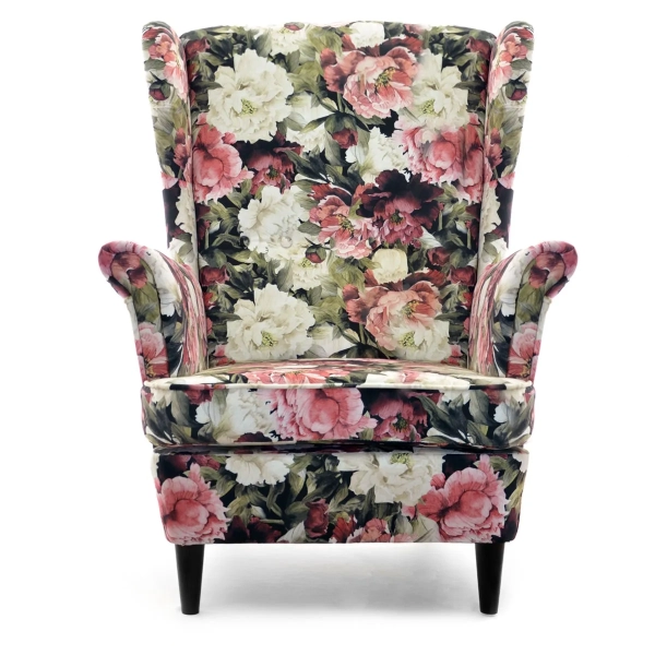 KOMFORTOWY FOTEL USZAK BLUM W KWIATY PIWONIE NA DREWNIANYCH NOGACH - PRZÓD
