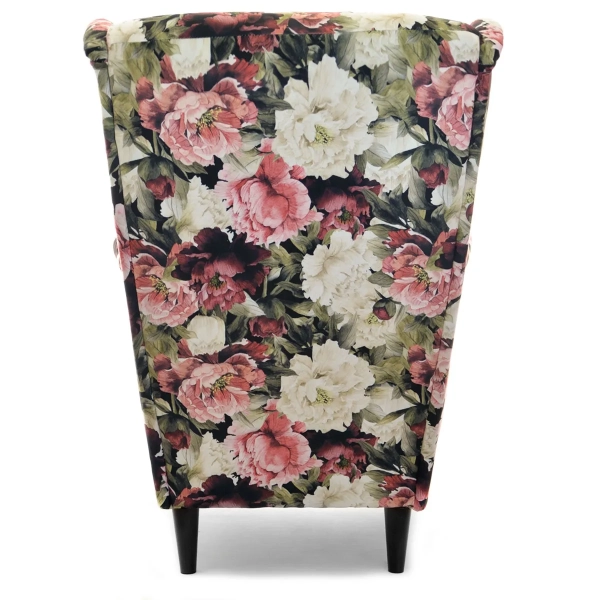 KOMFORTOWY FOTEL USZAK BLUM W KWIATY PIWONIE NA DREWNIANYCH NOGACH - TYŁ
