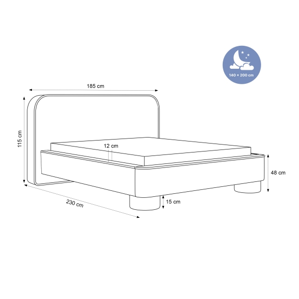 NOWOCZESNE ŁÓŻKO SYPIALNIANE TAPICEROWANE NA NOGACH NAOMI 140X200 - WYMIARY
