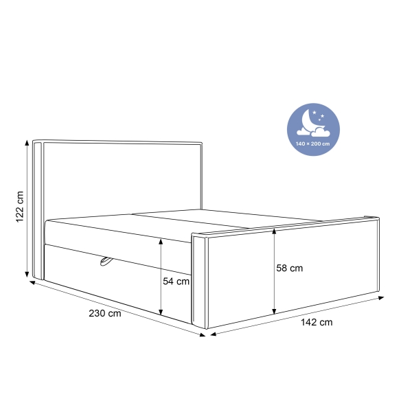ŁÓŻKO KONTYNENTALNE POLIO Z POJEMNIKAMI NA POŚCIEL 140X200 - WYMIARY