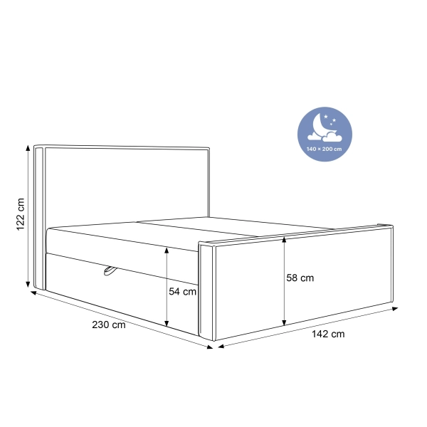 ŁÓŻKO KONTYNENTALNE POLIO Z POJEMNIKAMI NA POŚCIEL 140X200 - WYMIARY